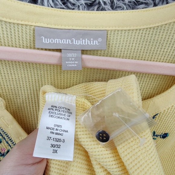 Woman Within Women Cottagecore Boho Embroidered Henley Top 3X Yellow Waffle Knit - Picture 5 of 16